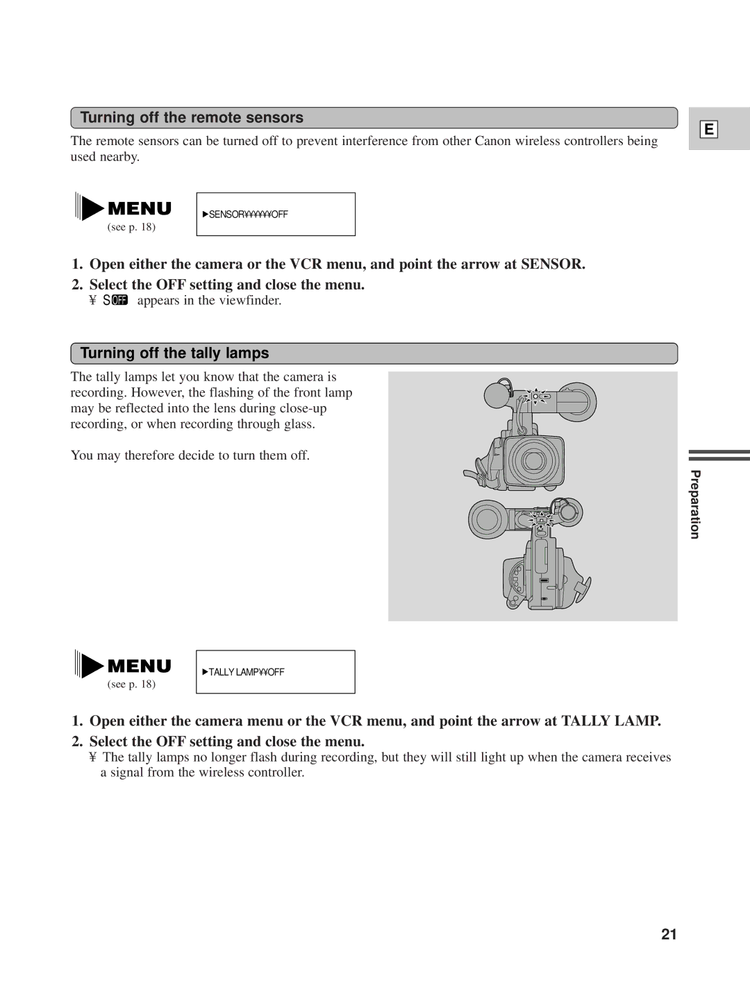 Canon XL1 instruction manual Turning off the remote sensors, Turning off the tally lamps 