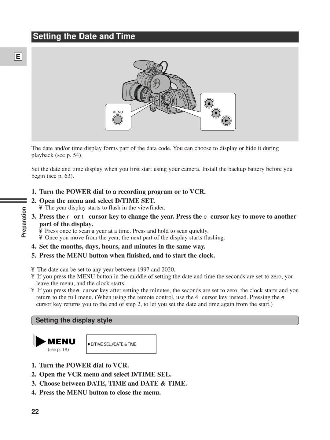 Canon XL1 instruction manual Setting the Date and Time, Setting the display style 