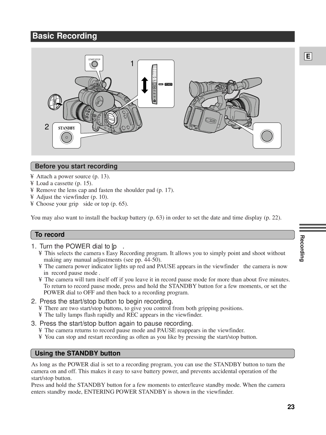 Canon XL1 instruction manual Basic Recording, Before you start recording, To record, Using the Standby button 