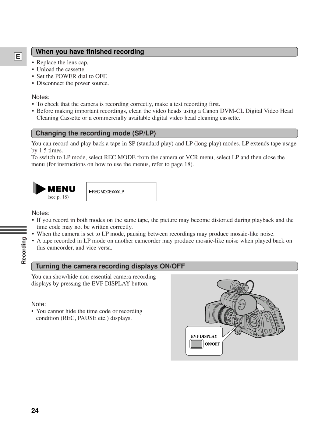 Canon XL1 instruction manual When you have finished recording, Changing the recording mode SP/LP 