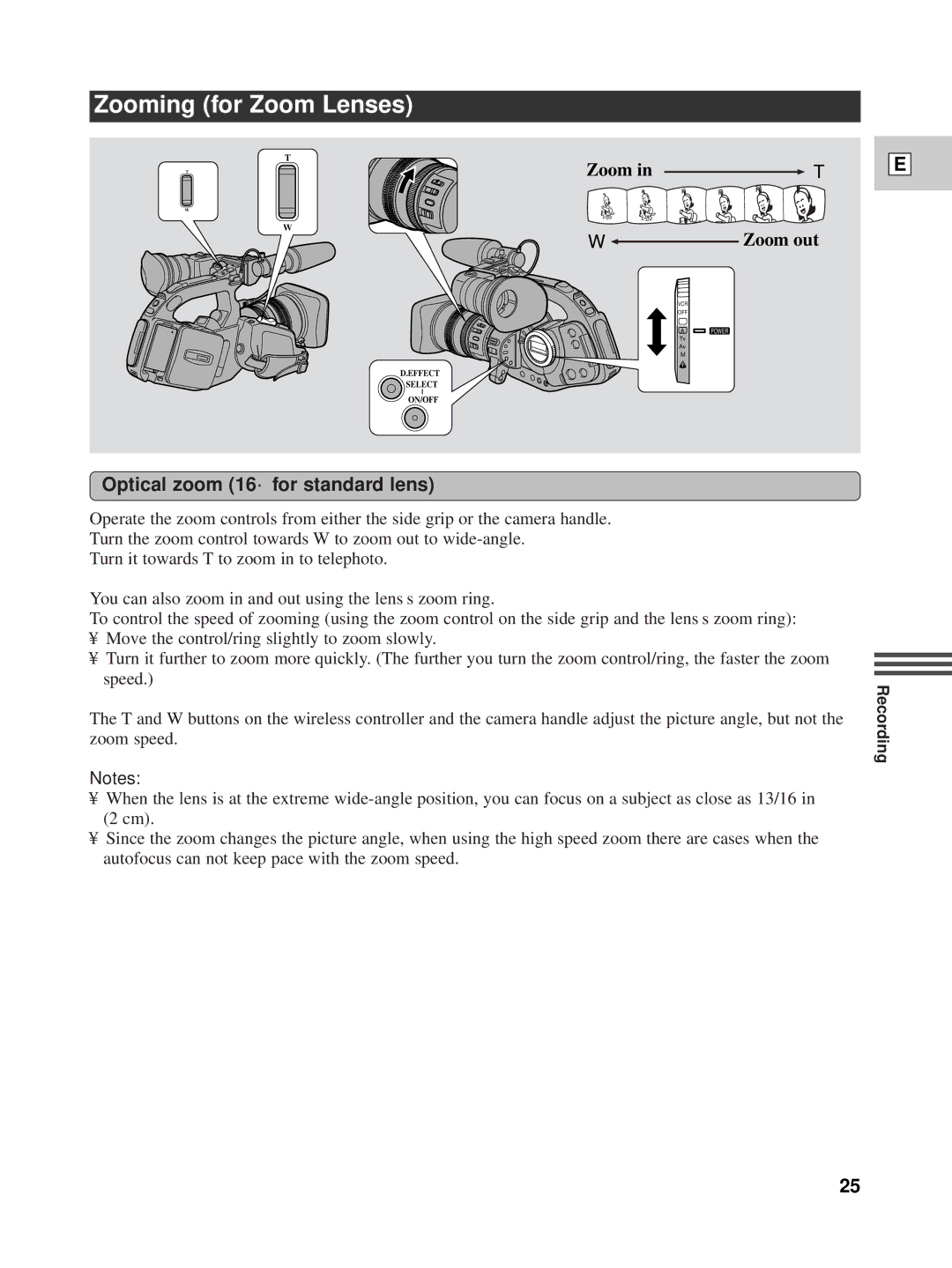 Canon XL1 instruction manual Zooming for Zoom Lenses, Optical zoom 16⋅ for standard lens 