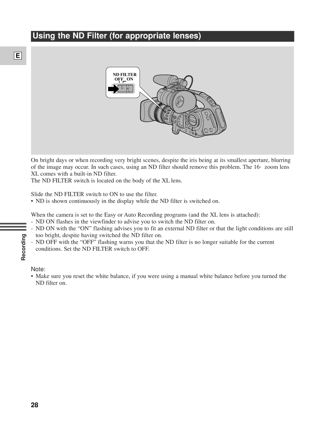 Canon XL1 instruction manual Using the ND Filter for appropriate lenses 