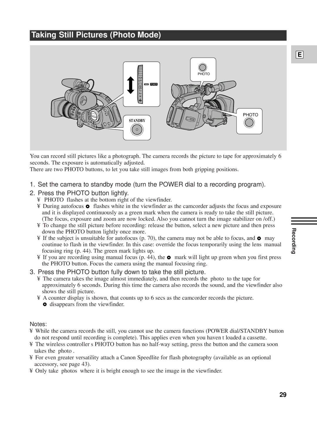 Canon XL1 instruction manual Taking Still Pictures Photo Mode, Press the Photo button fully down to take the still picture 