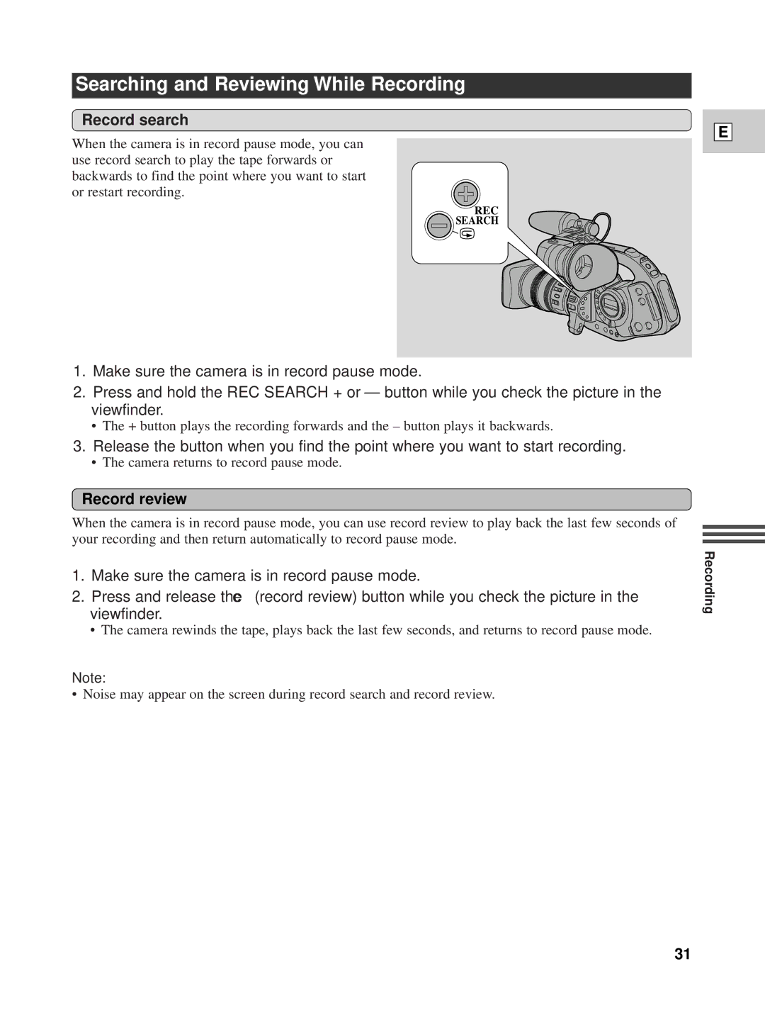 Canon XL1 instruction manual Searching and Reviewing While Recording, Record search, Record review 