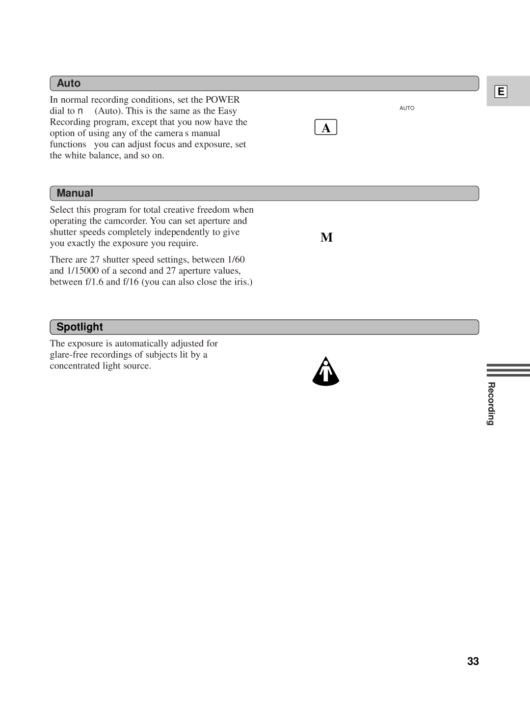 Canon XL1 instruction manual Auto, Manual, Spotlight 