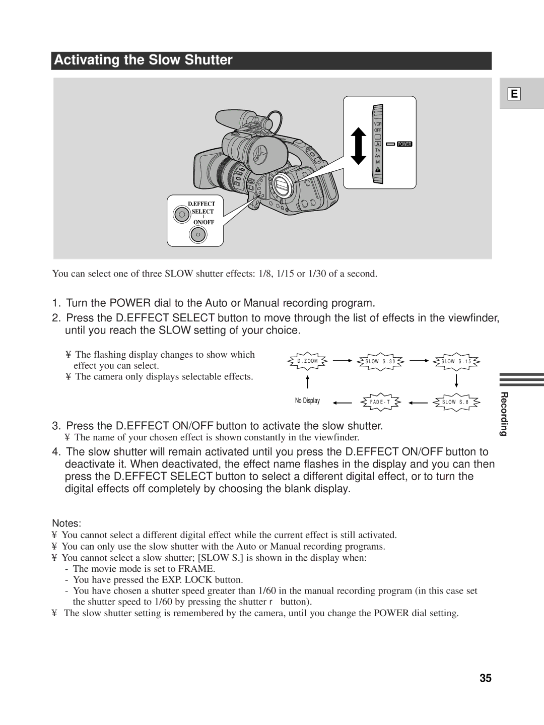 Canon XL1 instruction manual Activating the Slow Shutter, Effect you can select, Camera only displays selectable effects 