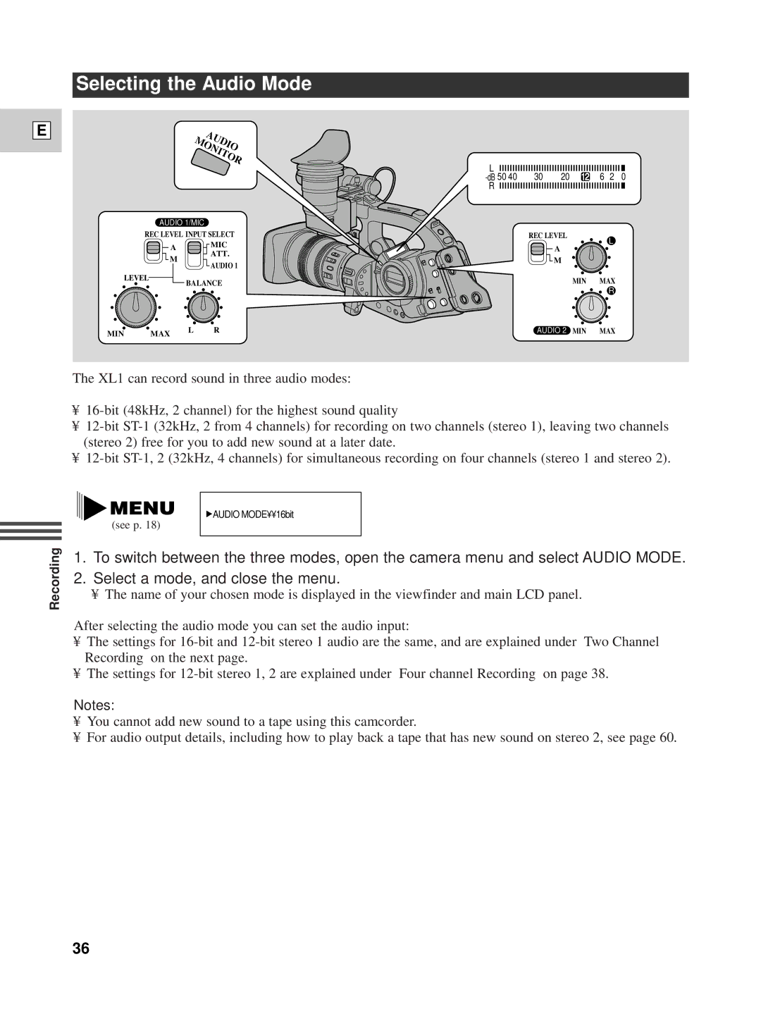 Canon XL1 instruction manual Selecting the Audio Mode 