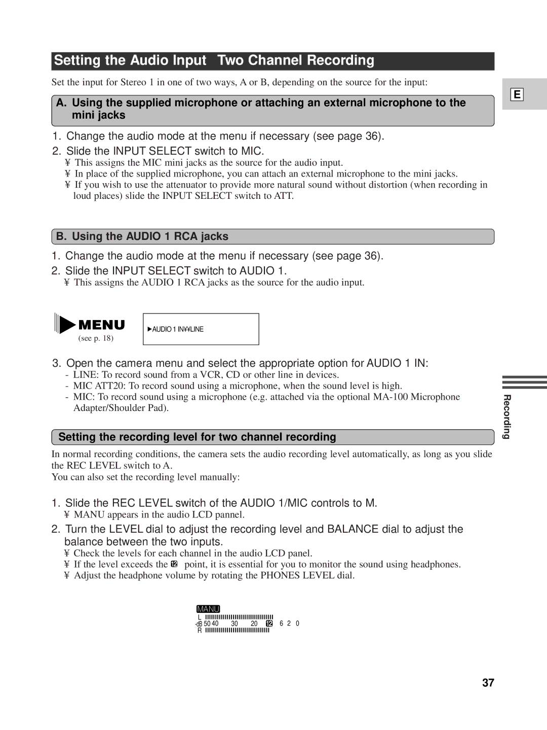 Canon XL1 instruction manual Setting the Audio Input Two Channel Recording, Using the Audio 1 RCA jacks 