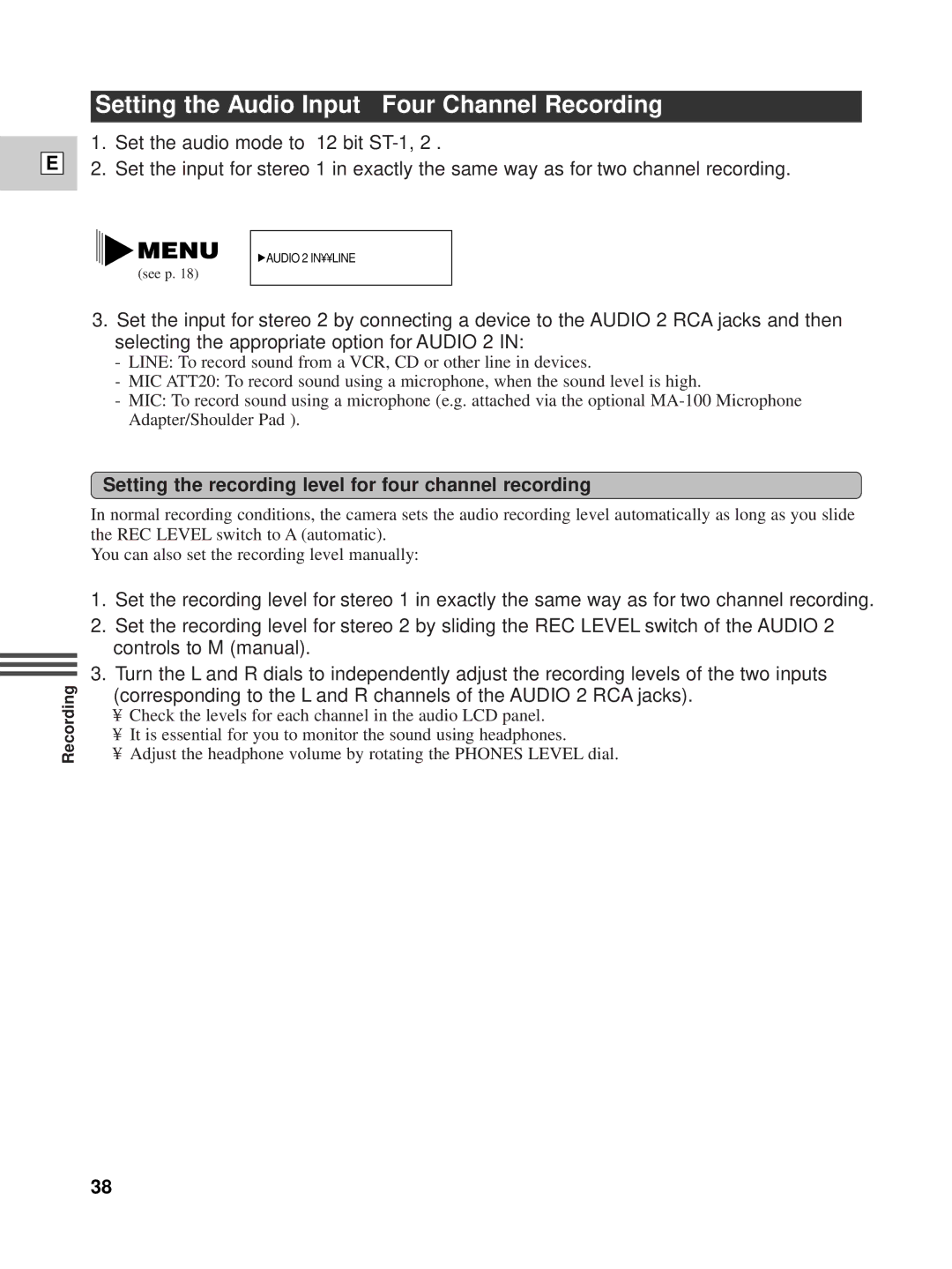 Canon XL1 Setting the Audio Input Four Channel Recording, Setting the recording level for four channel recording 