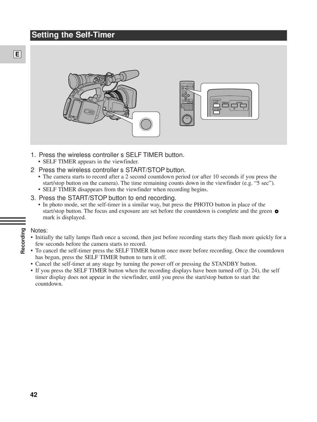 Canon XL1 instruction manual Setting the Self-Timer, Press the wireless controller’s Self Timer button 