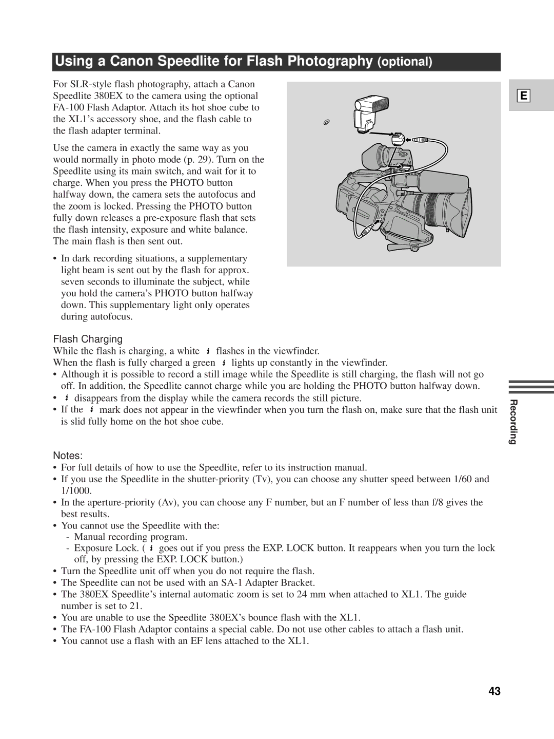 Canon XL1 instruction manual Using a Canon Speedlite for Flash Photography optional, Flash Charging 