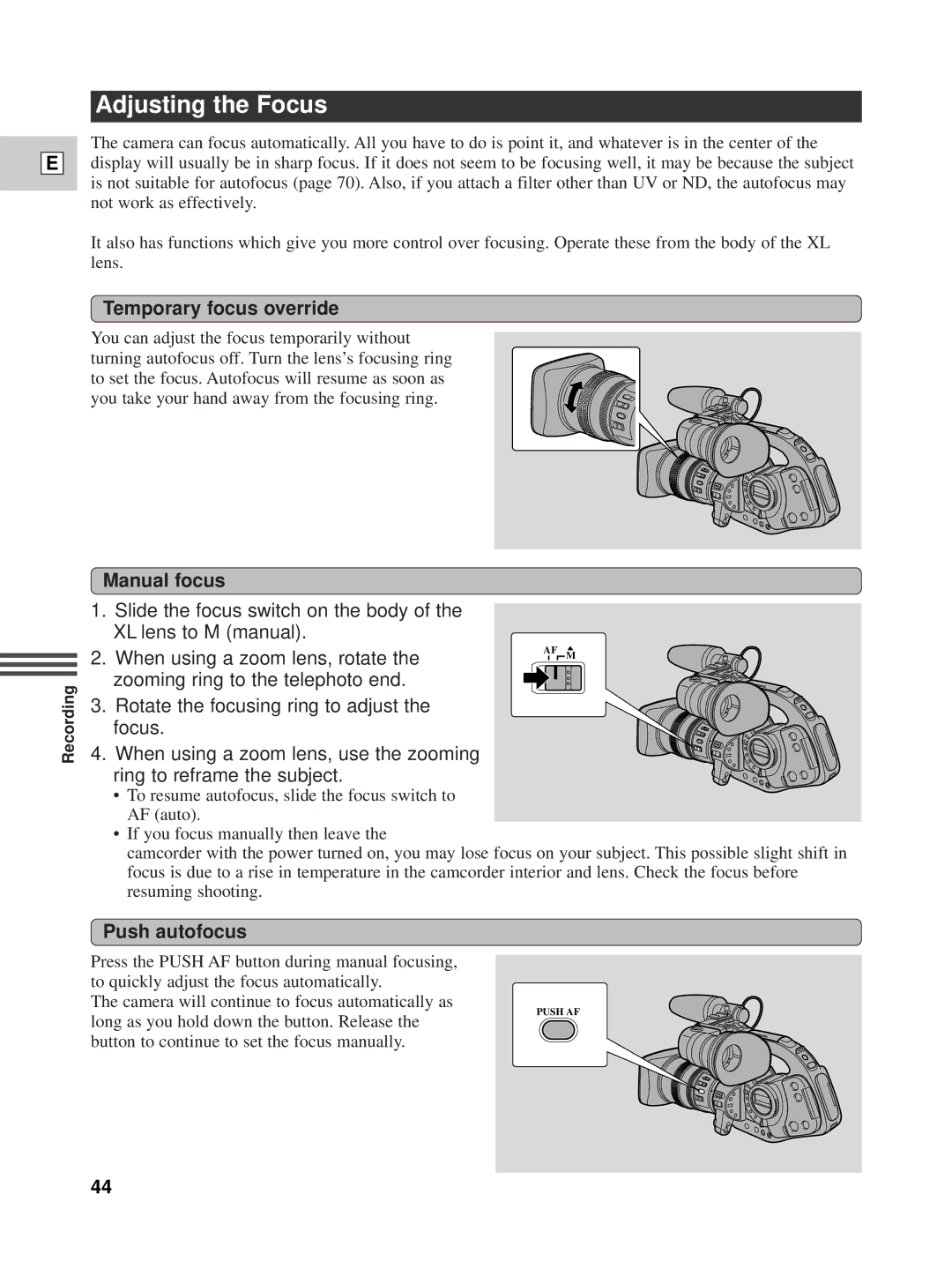 Canon XL1 instruction manual Adjusting the Focus, Temporary focus override, Manual focus, Push autofocus 