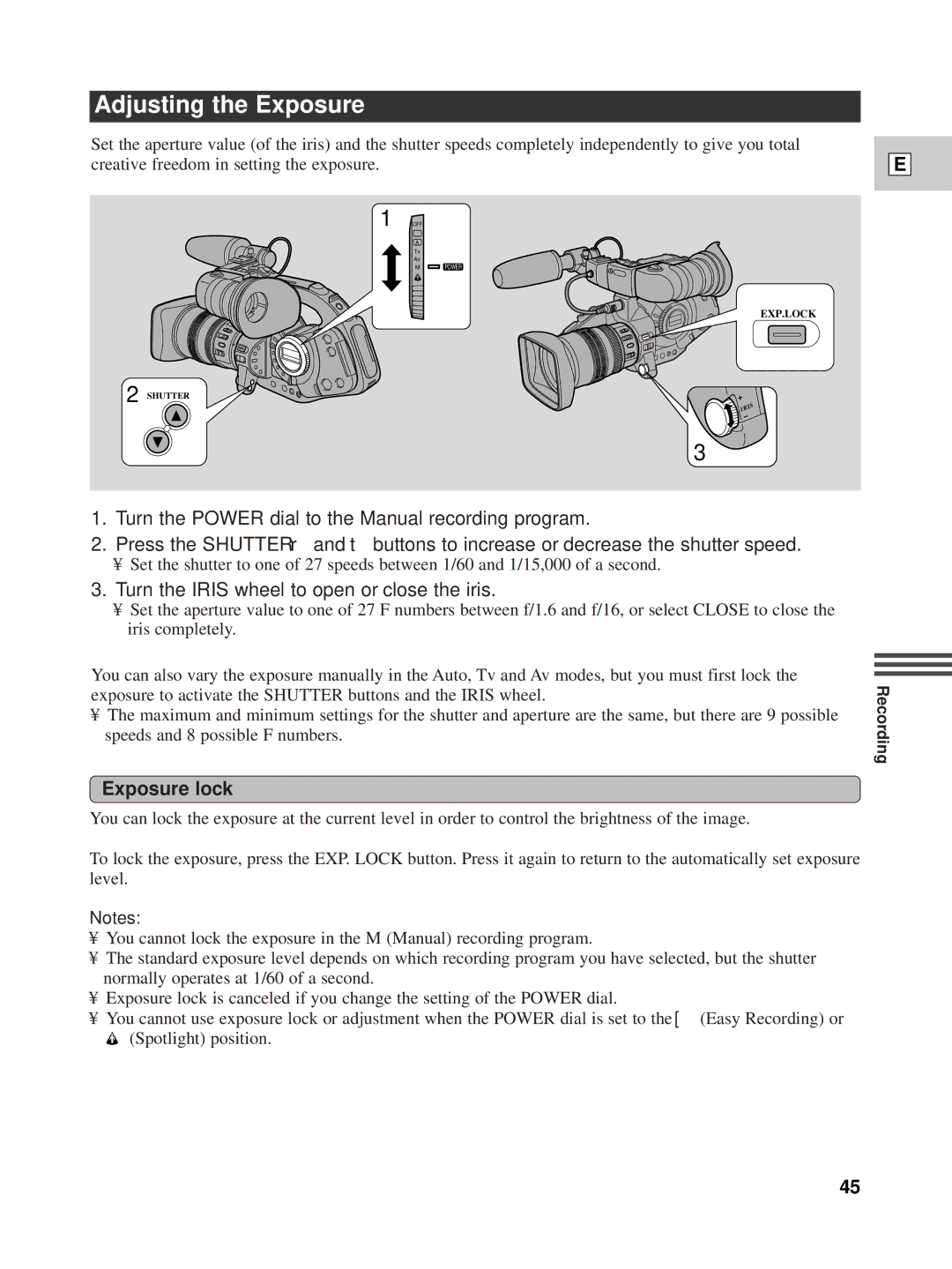 Canon XL1 instruction manual Adjusting the Exposure, Turn the Iris wheel to open or close the iris, Exposure lock 