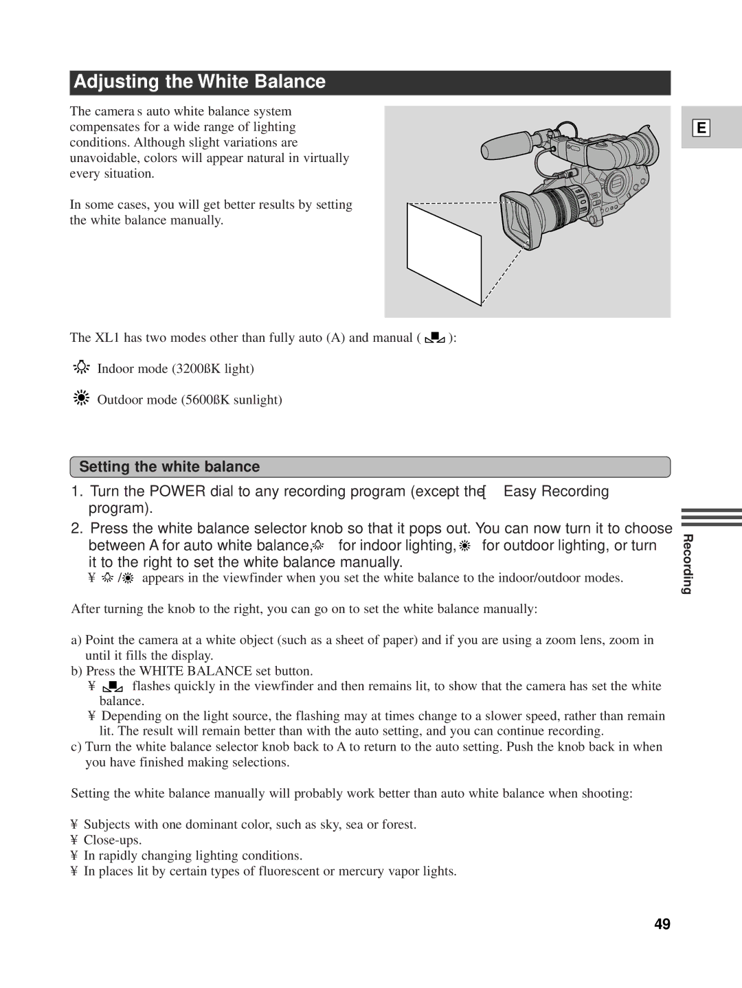 Canon XL1 instruction manual Adjusting the White Balance, Setting the white balance 