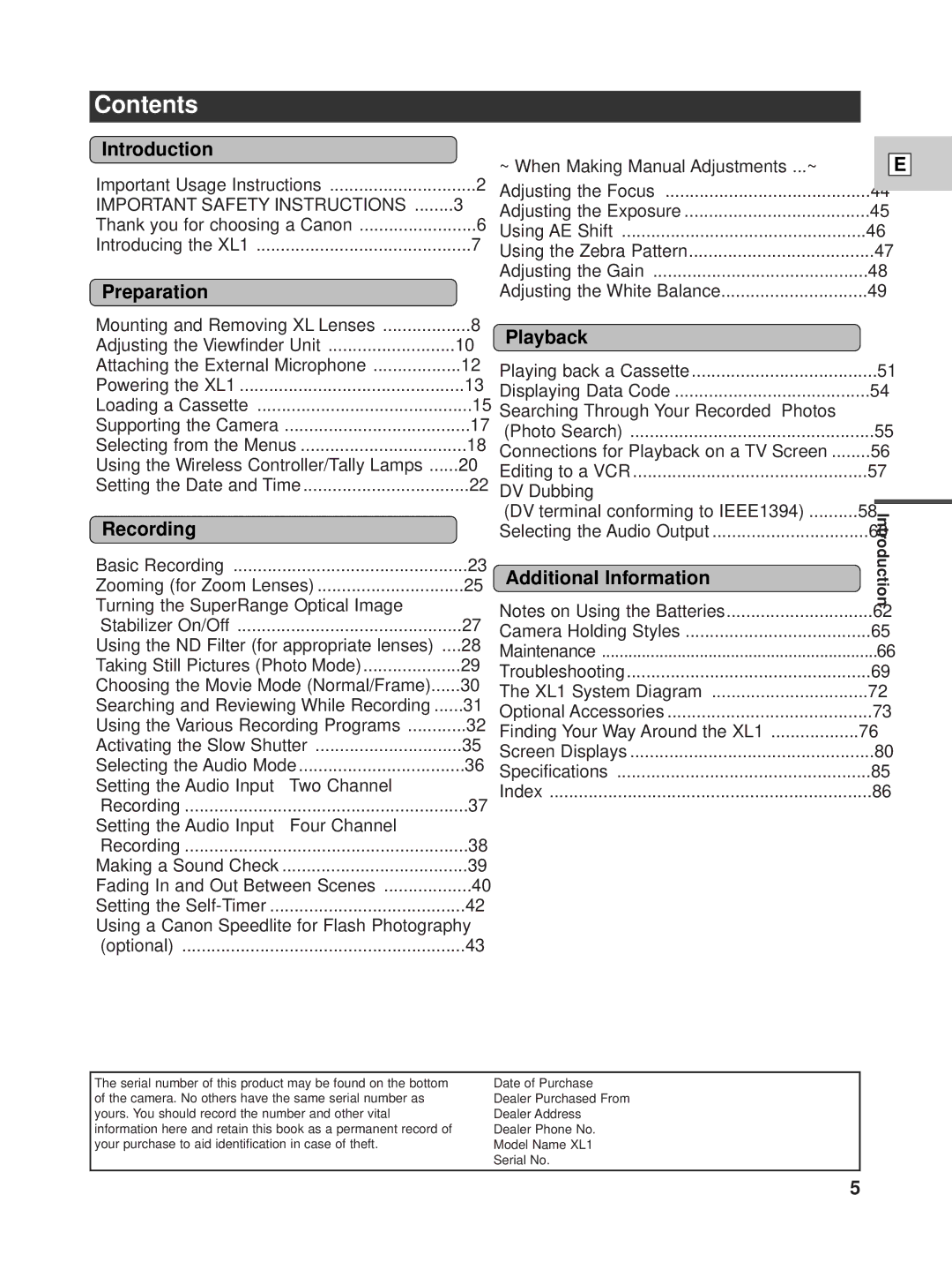 Canon XL1 instruction manual Contents 