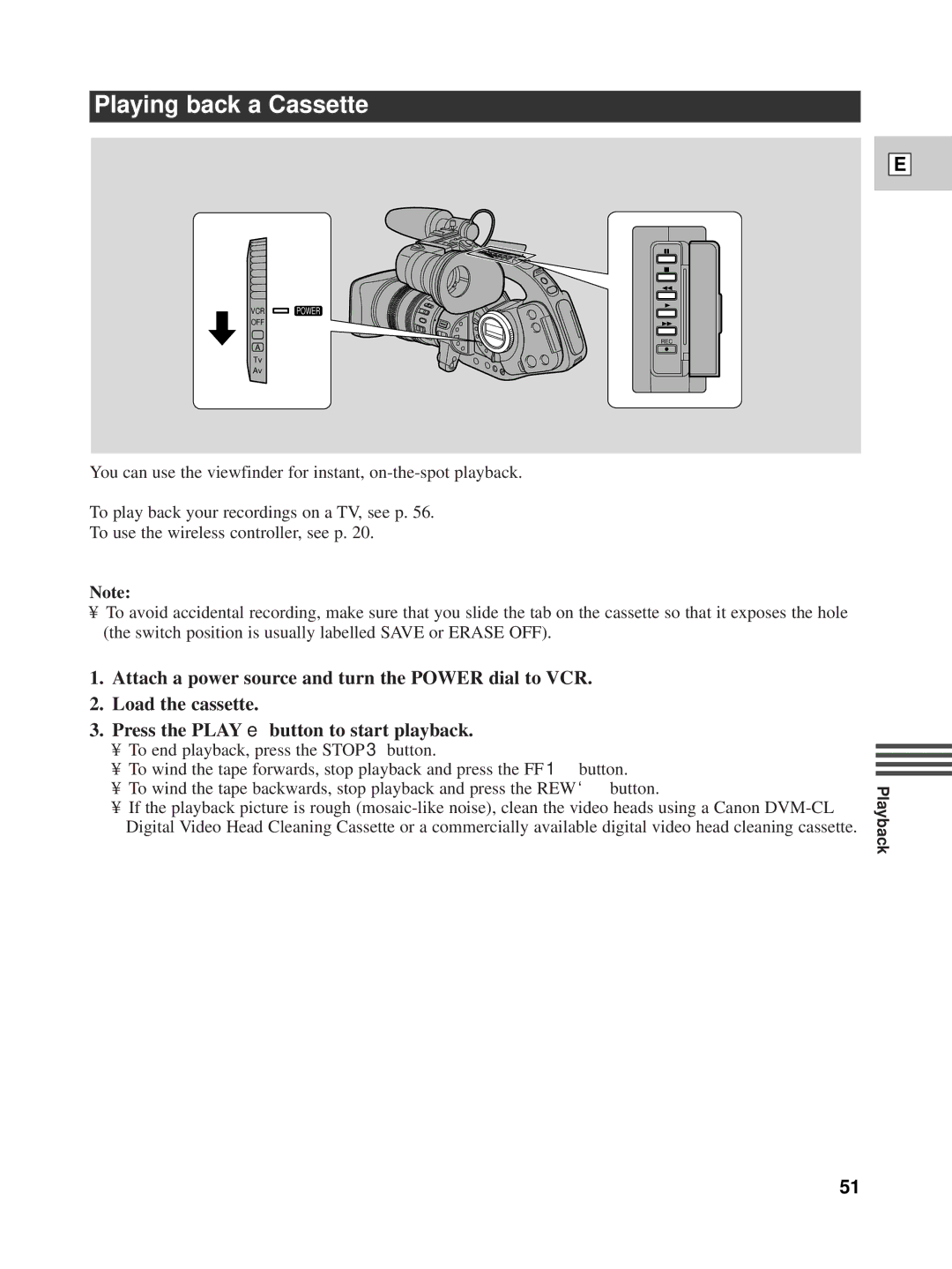 Canon XL1 instruction manual Playing back a Cassette 