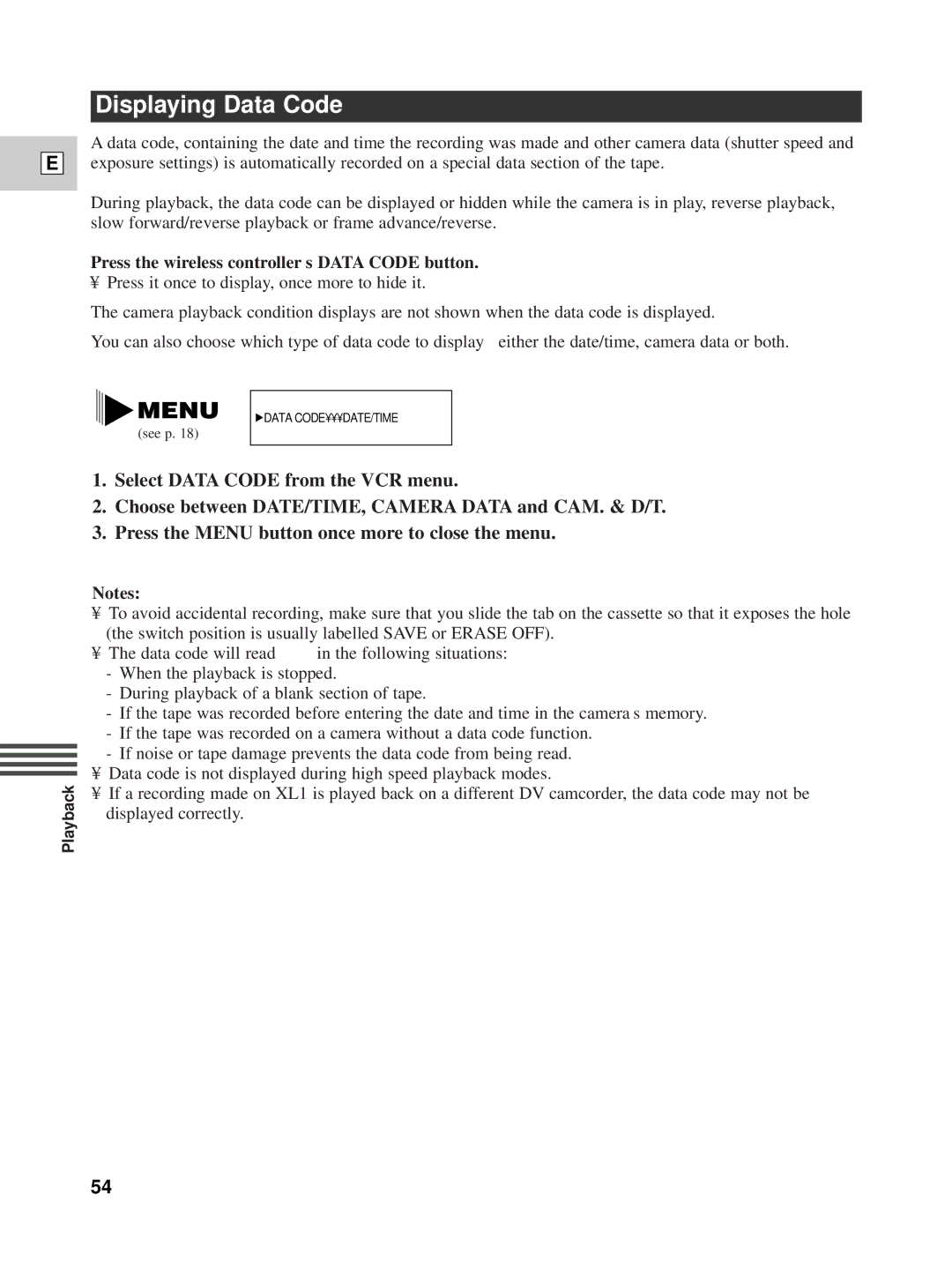 Canon XL1 instruction manual Displaying Data Code, Press the wireless controller’s Data Code button 