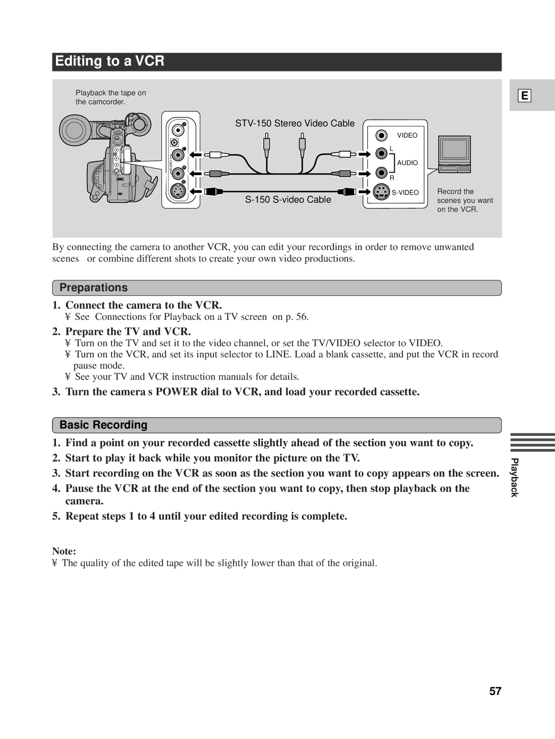 Canon XL1 Editing to a VCR, Preparations, Connect the camera to the VCR, Prepare the TV and VCR, Basic Recording 