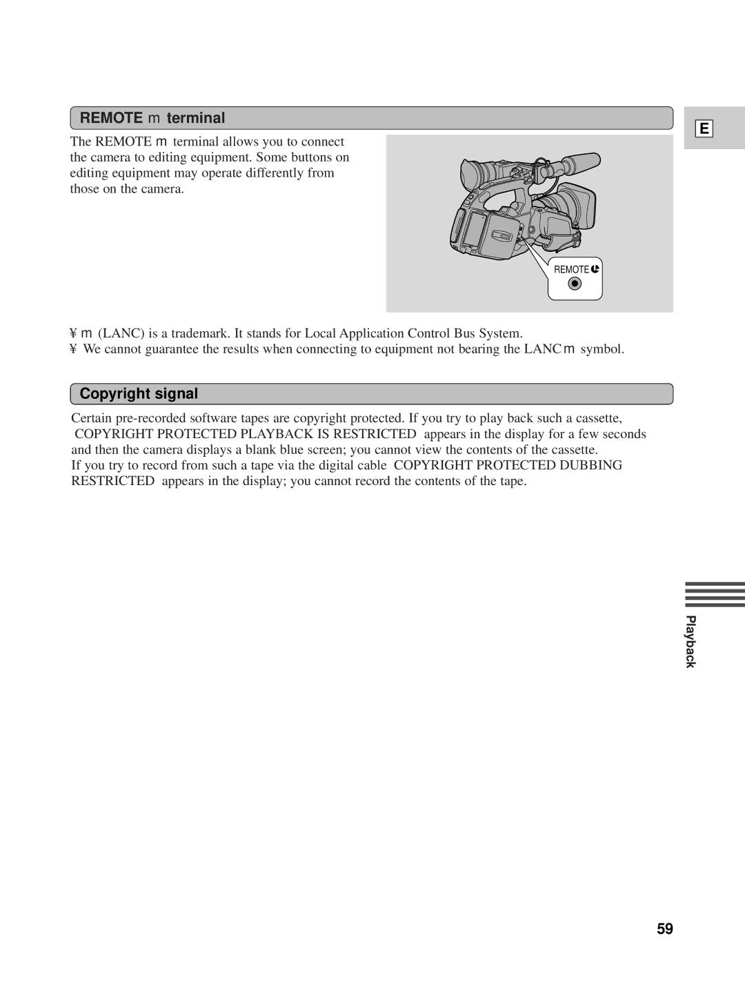 Canon XL1 instruction manual Remote m terminal, Copyright signal 