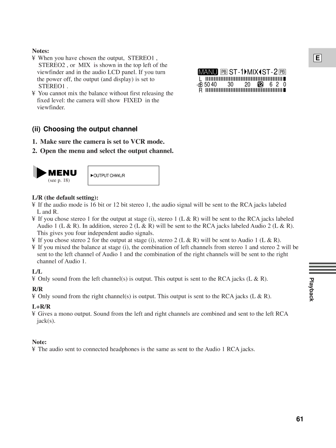 Canon XL1 instruction manual Ii Choosing the output channel, Default setting 