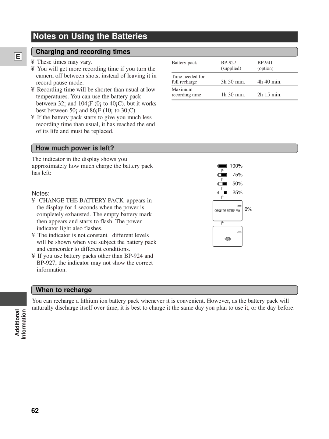 Canon XL1 instruction manual Charging and recording times, How much power is left?, When to recharge 