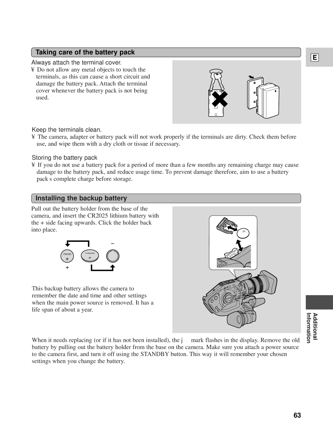 Canon XL1 Taking care of the battery pack, Installing the backup battery, Always attach the terminal cover 