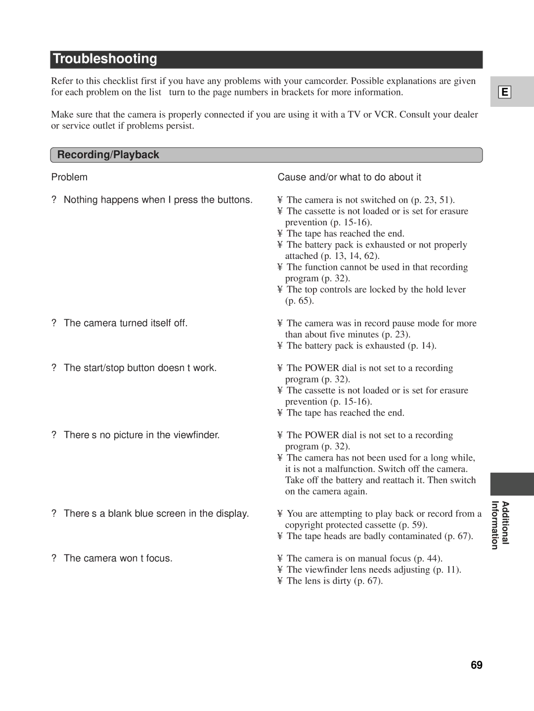 Canon XL1 instruction manual Troubleshooting, Recording/Playback 