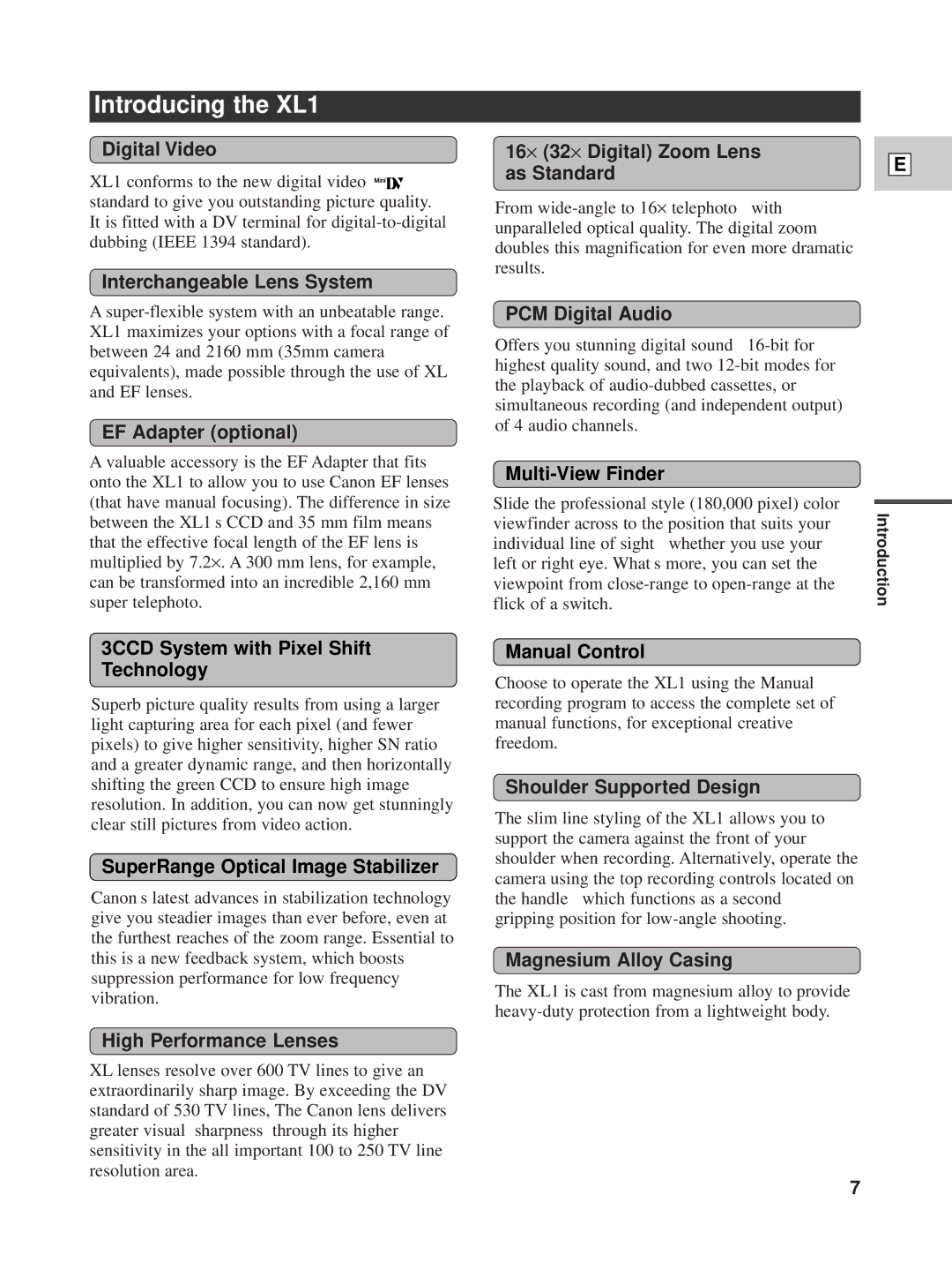 Canon instruction manual Introducing the XL1 