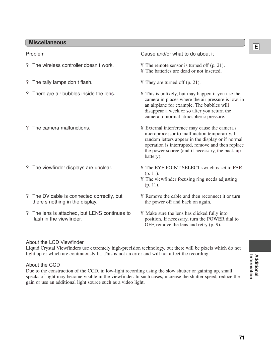 Canon XL1 instruction manual Miscellaneous, About the LCD Viewfinder, About the CCD 