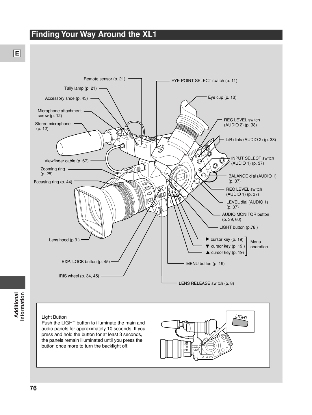 Canon instruction manual Finding Your Way Around the XL1, Additional Information Light Button 