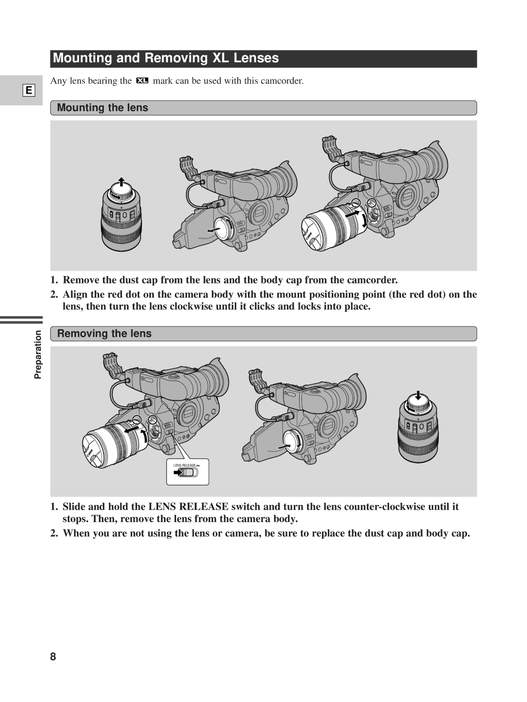 Canon XL1 instruction manual Mounting and Removing XL Lenses, Mounting the lens, Removing the lens 