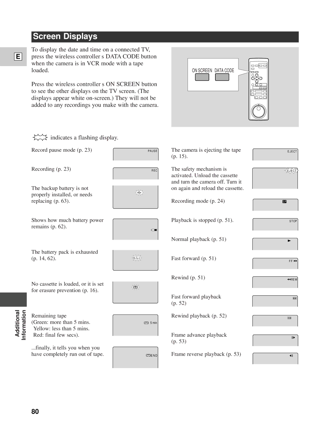 Canon XL1 instruction manual Screen Displays 