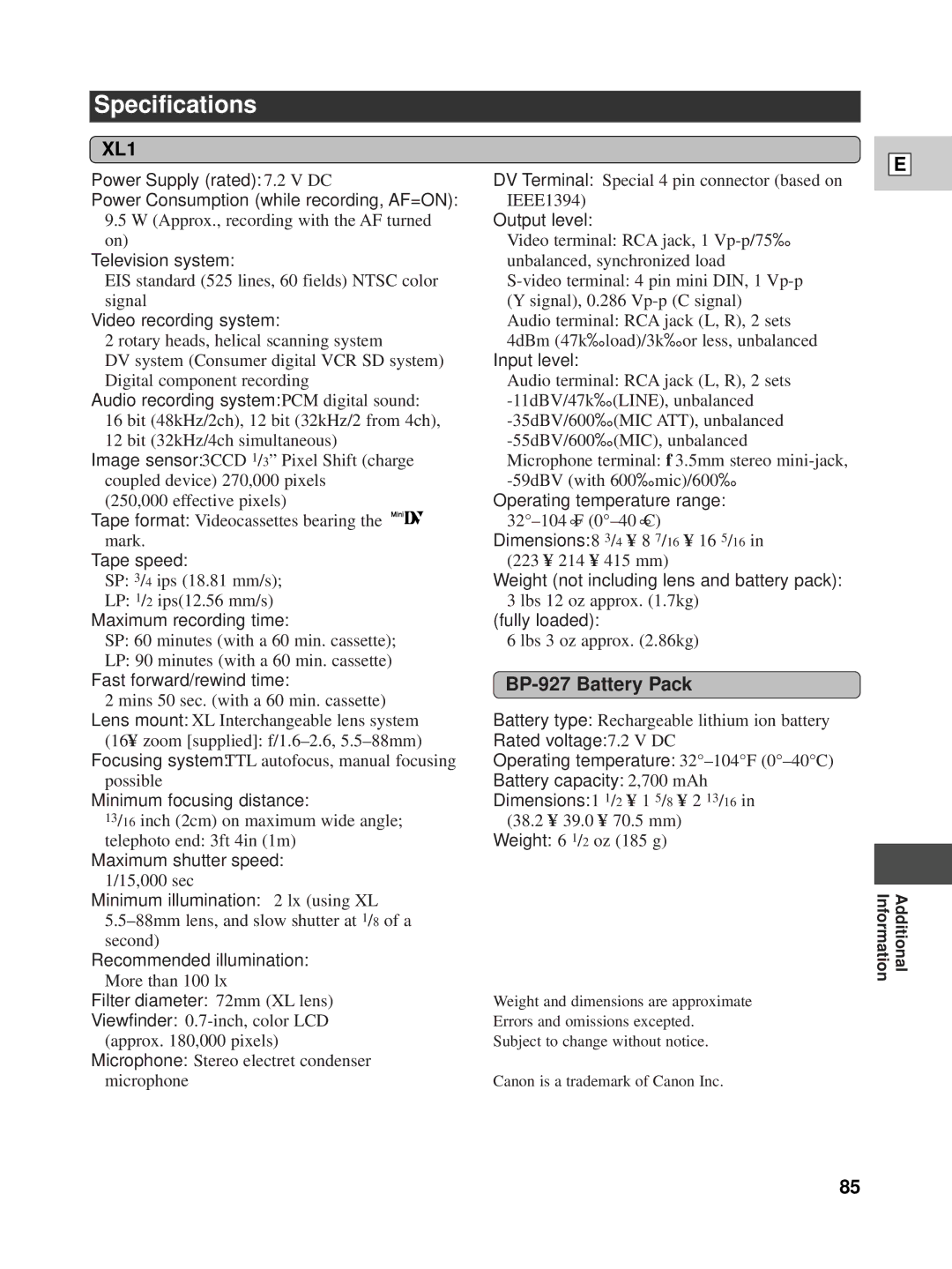 Canon XL1 instruction manual Specifications, BP-927 Battery Pack 