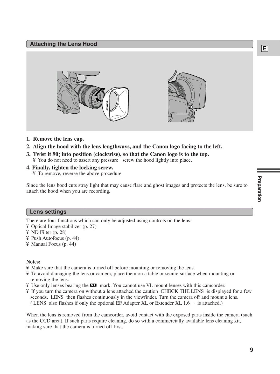 Canon XL1 instruction manual Attaching the Lens Hood, Finally, tighten the locking screw, Lens settings 