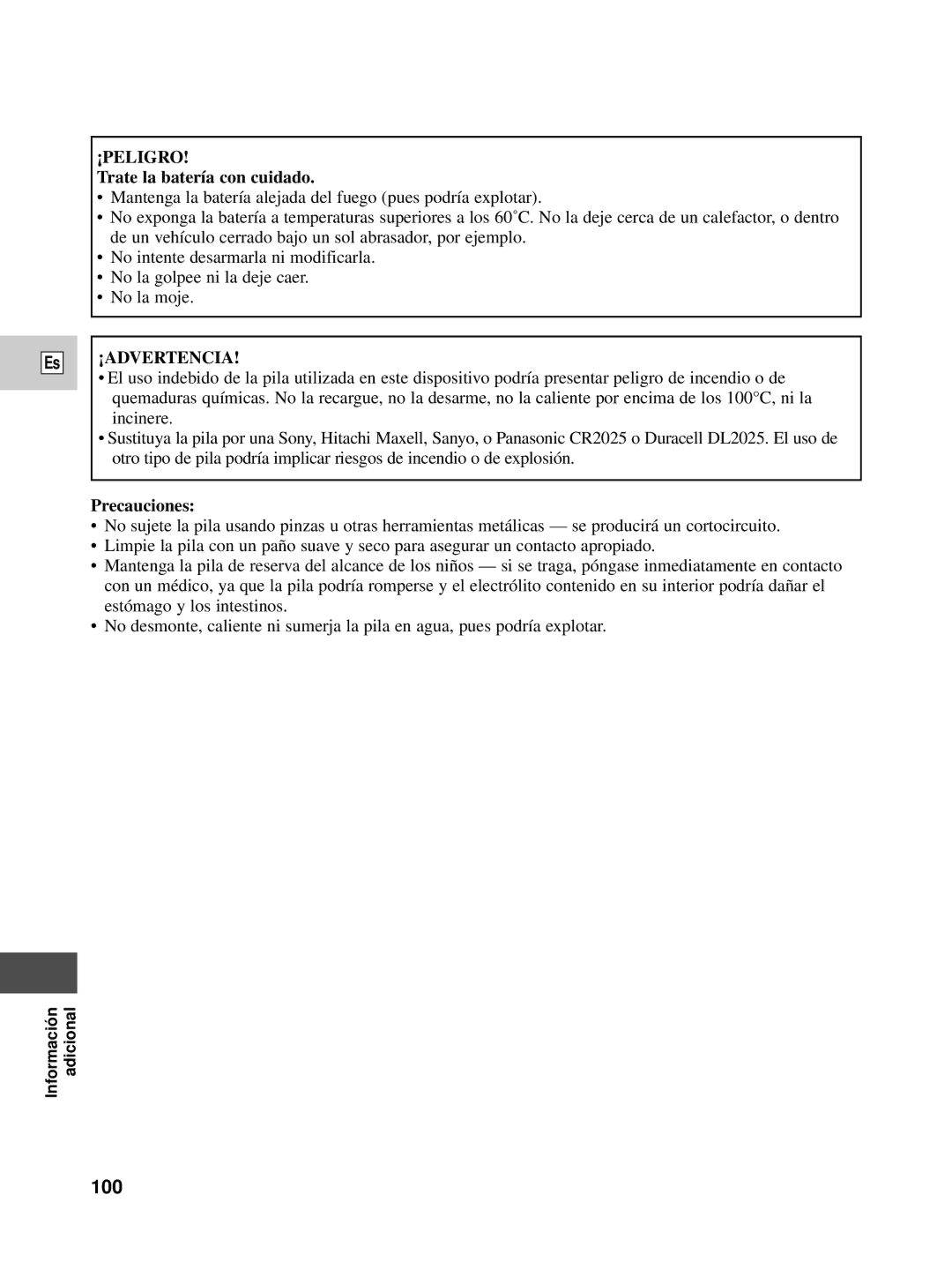 Canon XL1S instruction manual 100, Trate la batería con cuidado, Precauciones 