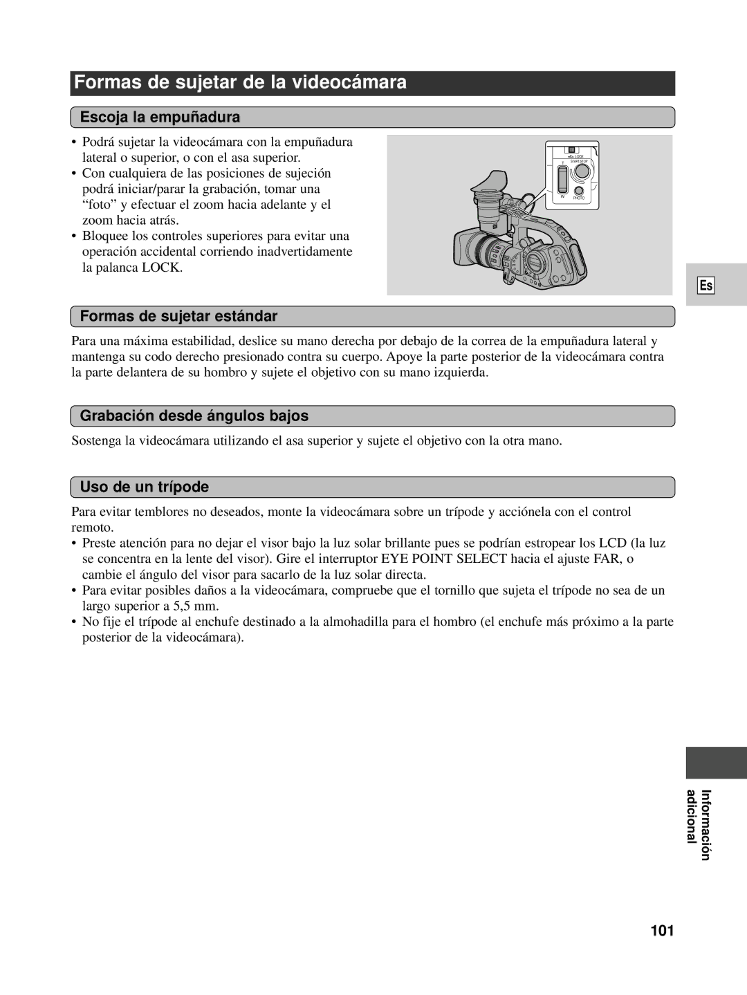 Canon XL1S instruction manual Formas de sujetar de la videocá mara 