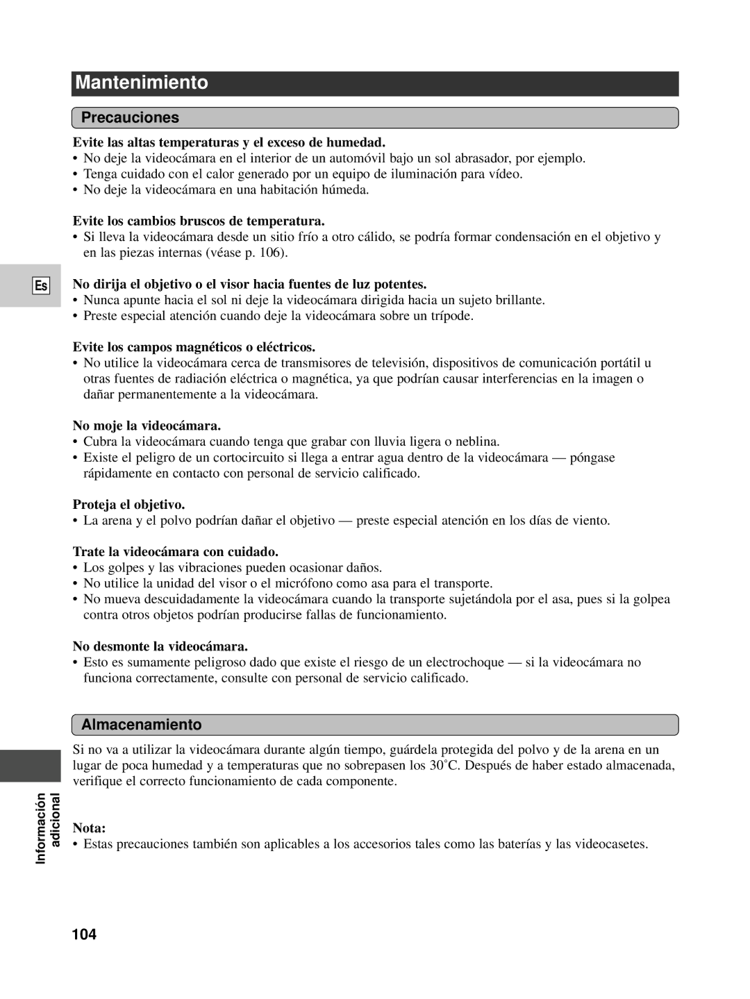 Canon XL1S instruction manual Mantenimiento, Precauciones, Almacenamiento, 104 