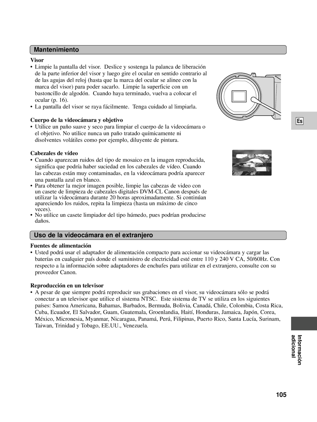 Canon XL1S instruction manual Mantenimiento, Uso de la videocá mara en el extranjero, 105 