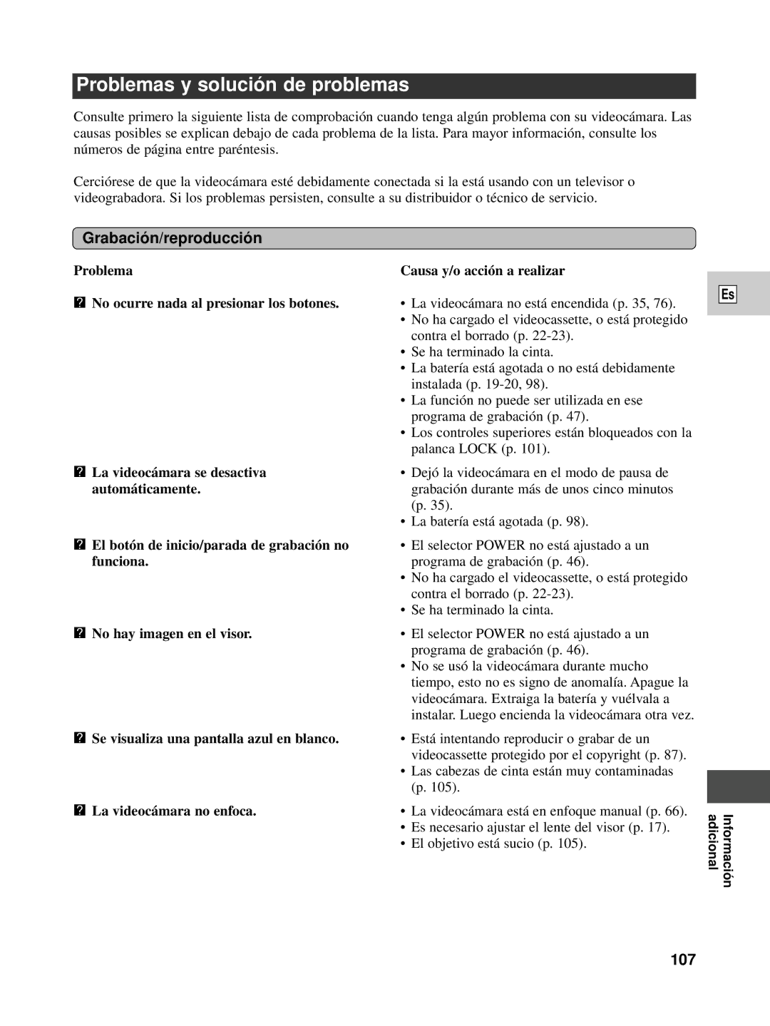 Canon XL1S instruction manual Problemas y solució n de problemas, Grabació n/reproducció n, 107 