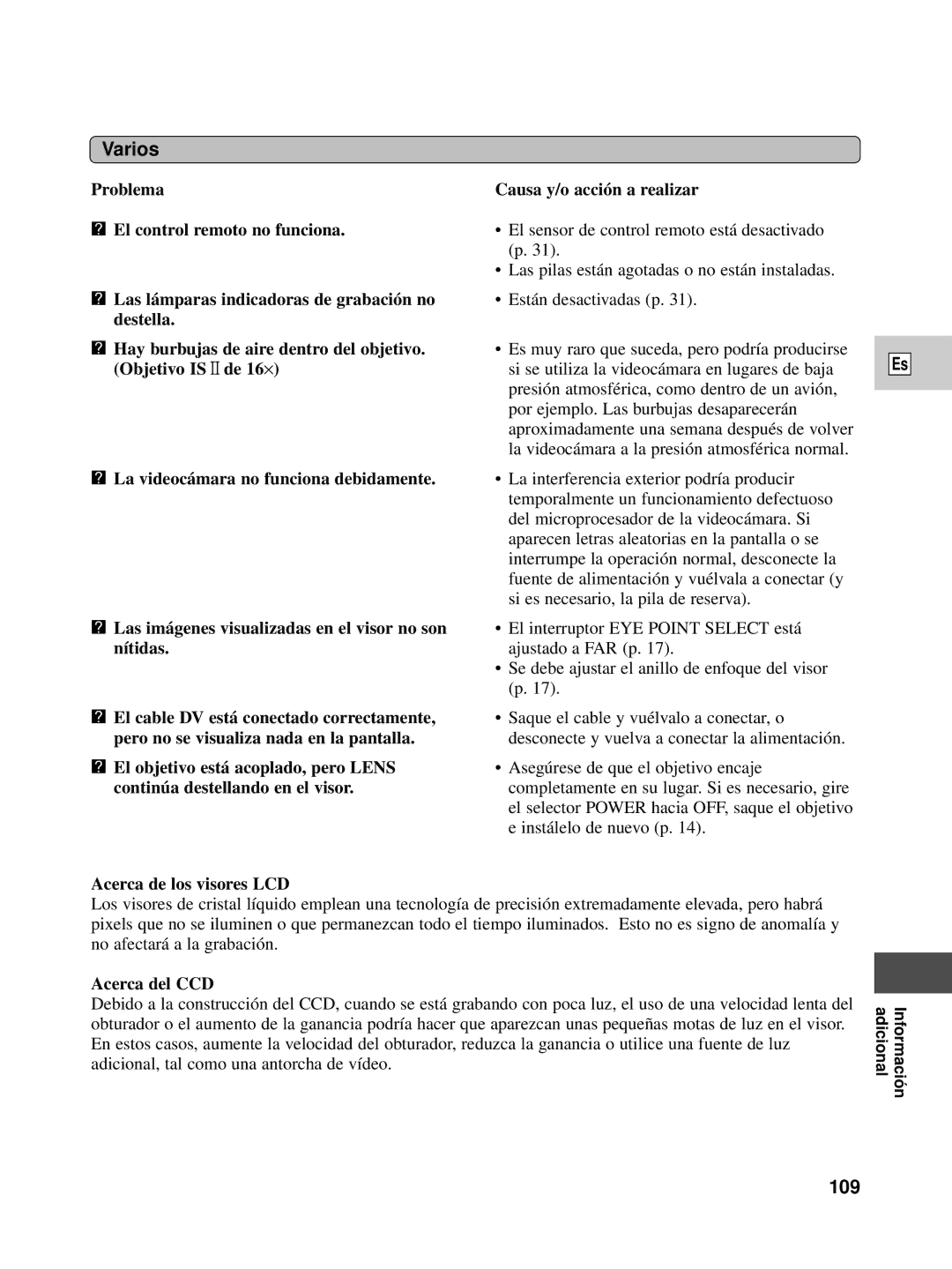 Canon XL1S instruction manual Varios, 109, Acerca de los visores LCD, Acerca del CCD 