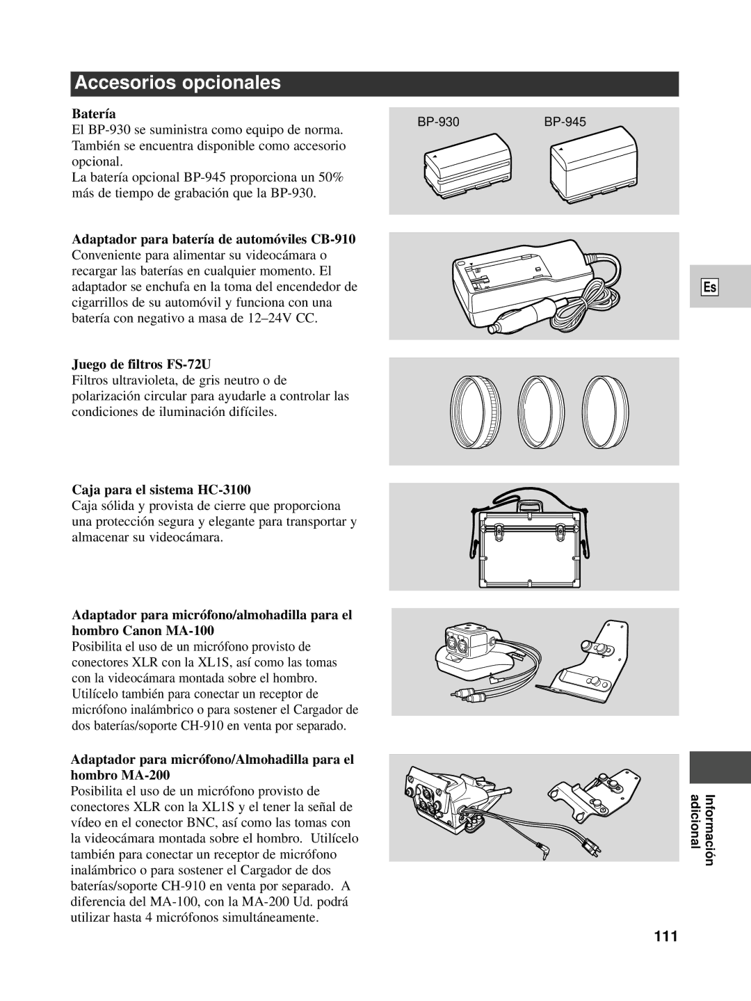 Canon XL1S instruction manual Accesorios opcionales, 111, Batería, Caja para el sistema HC-3100 