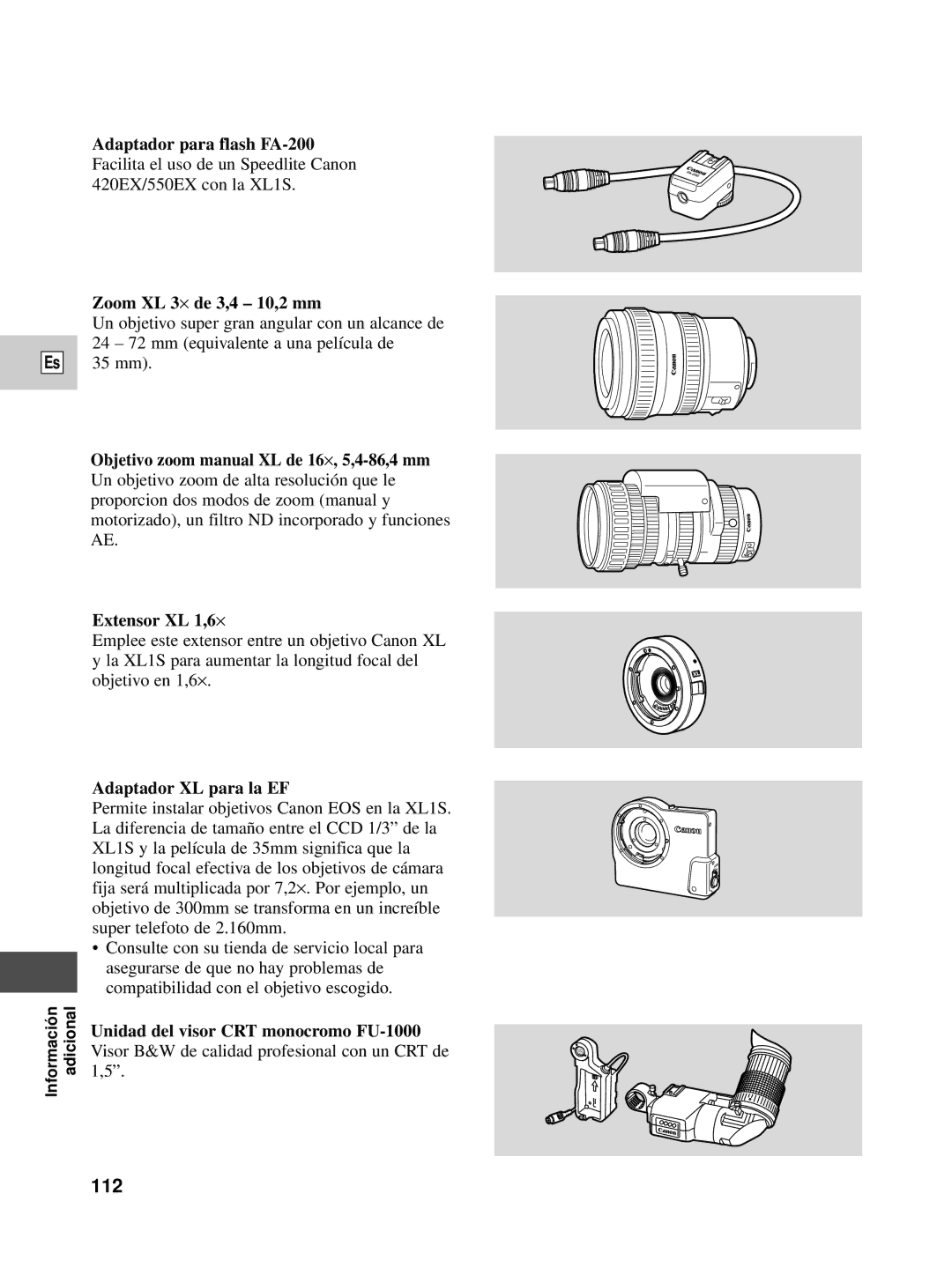 Canon XL1S instruction manual 112, Zoom XL 3⋅ de 3,4 10,2 mm, Adaptador XL para la EF 