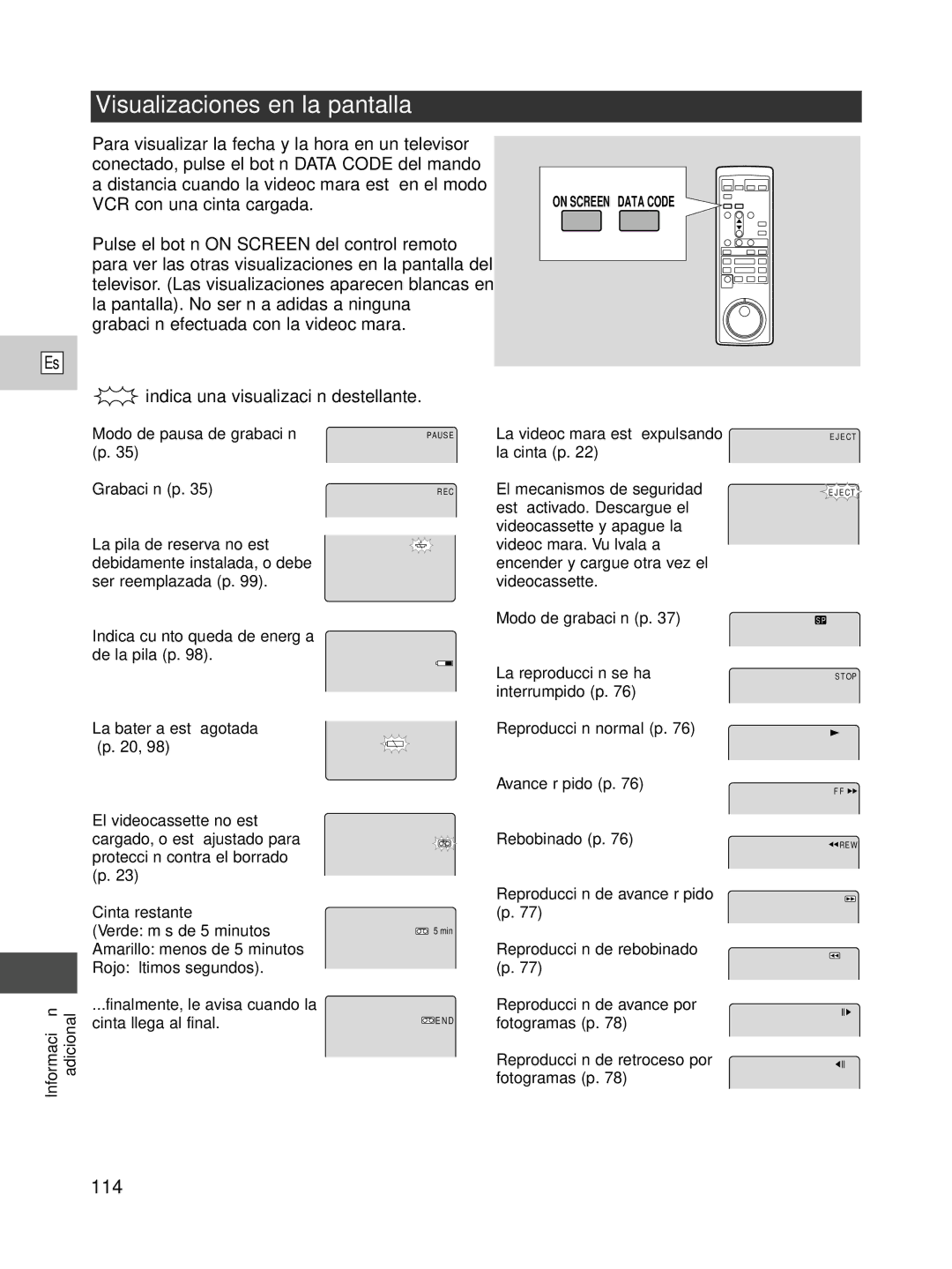 Canon XL1S instruction manual Visualizaciones en la pantalla, 114 