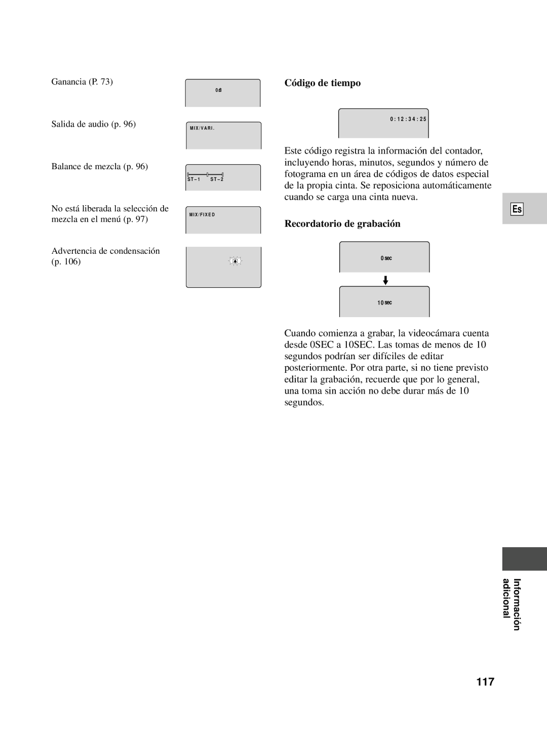 Canon XL1S instruction manual 117, Código de tiempo, Recordatorio de grabación 