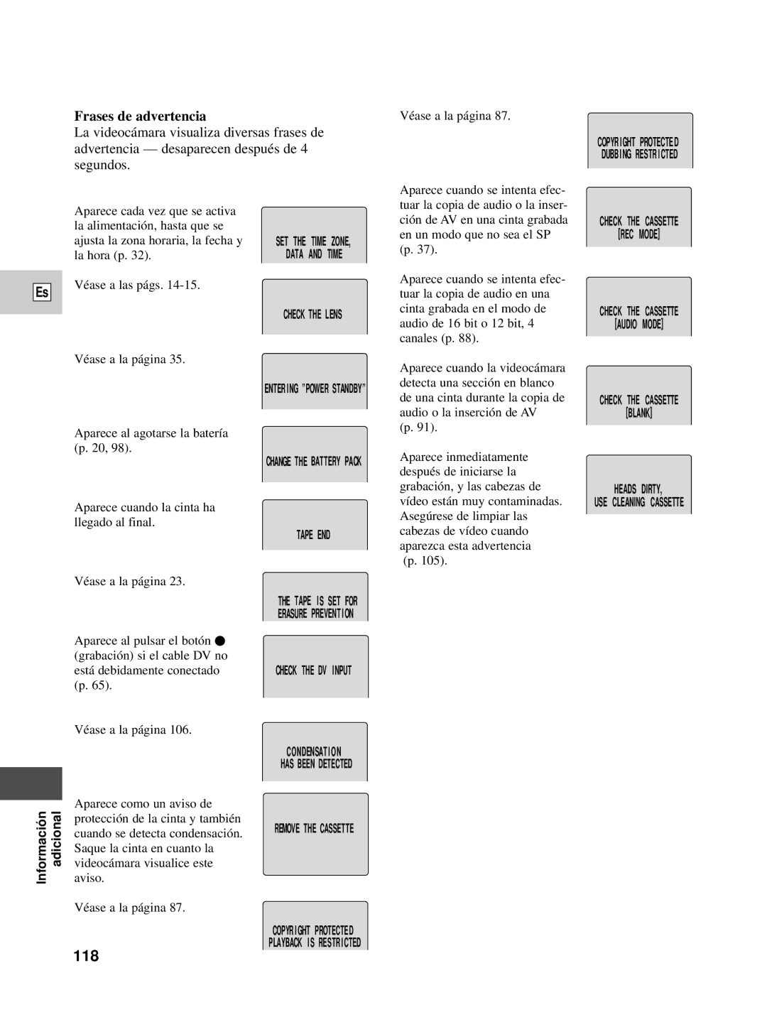 Canon XL1S instruction manual 118, Frases de advertencia 