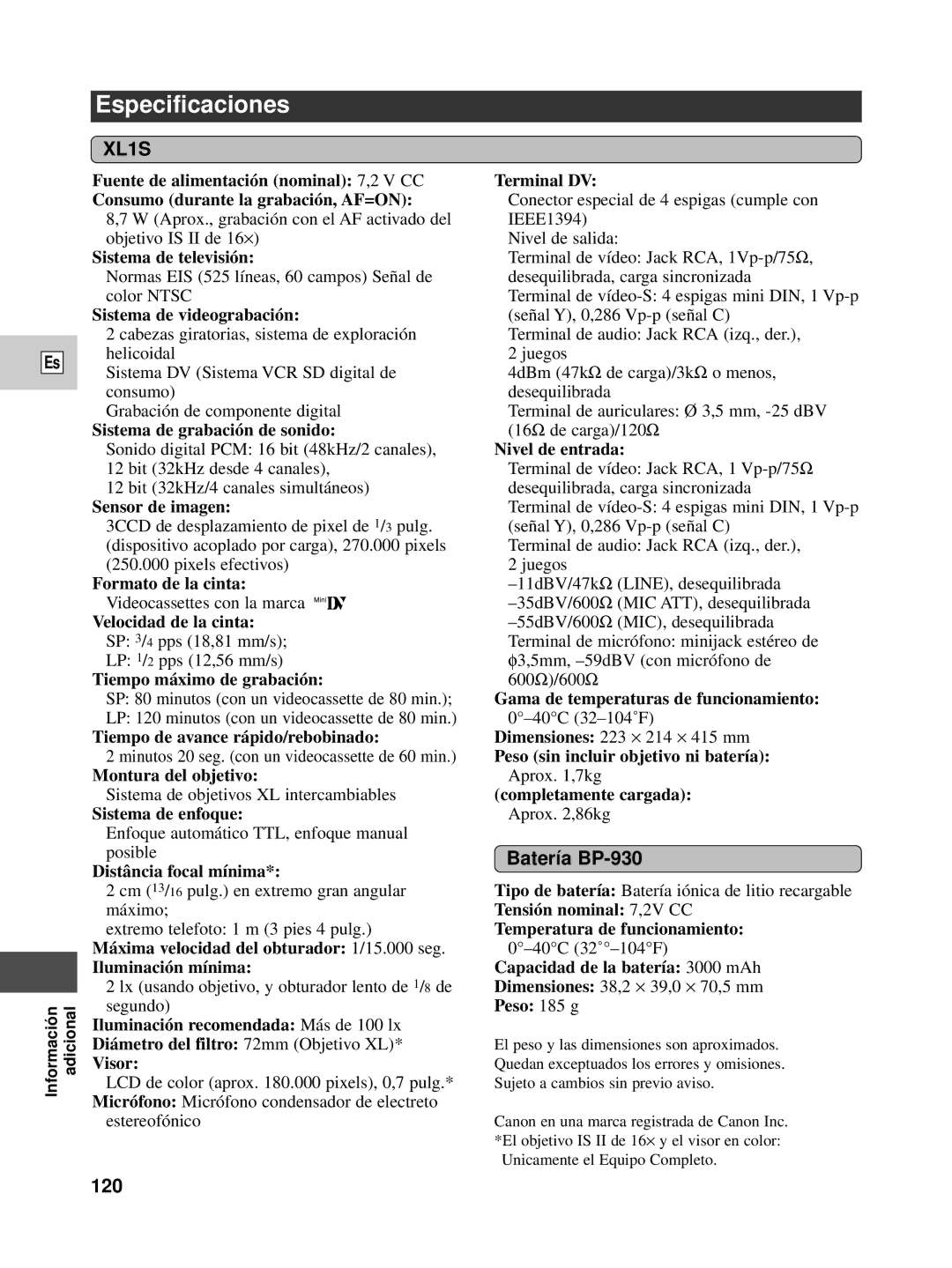 Canon XL1S instruction manual Especificaciones, Batería BP-930, 120 