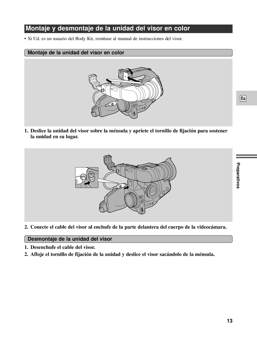 Canon XL1S instruction manual Montaje y desmontaje de la unidad del visor en color, Montaje de la unidad del visor en color 