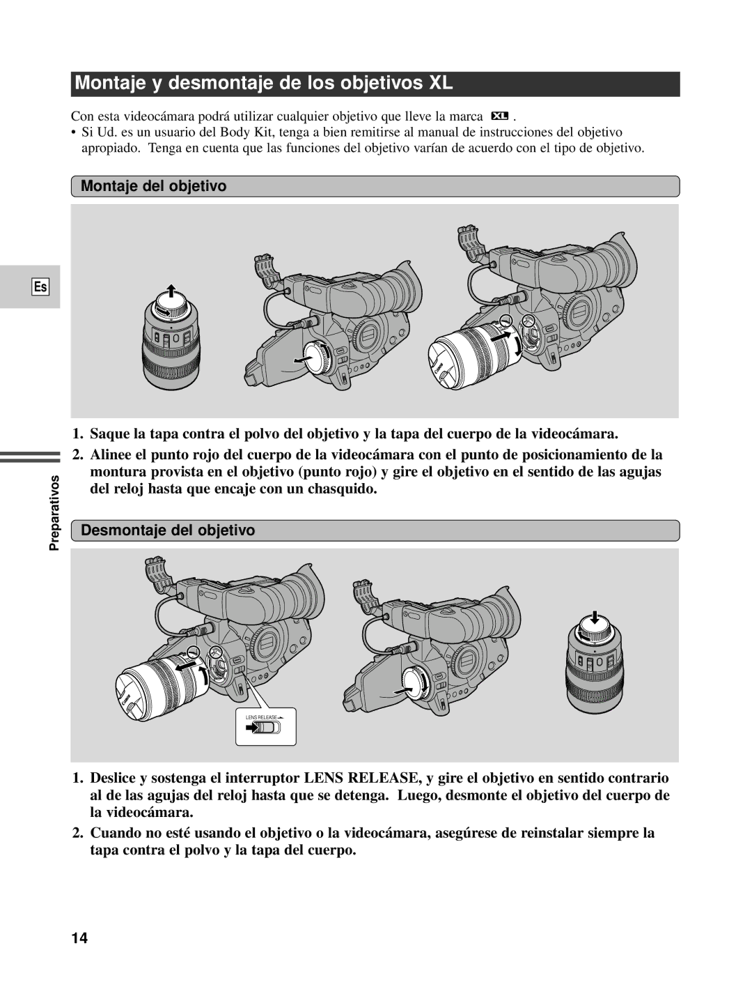 Canon XL1S instruction manual Montaje y desmontaje de los objetivos XL, Montaje del objetivo, Desmontaje del objetivo 