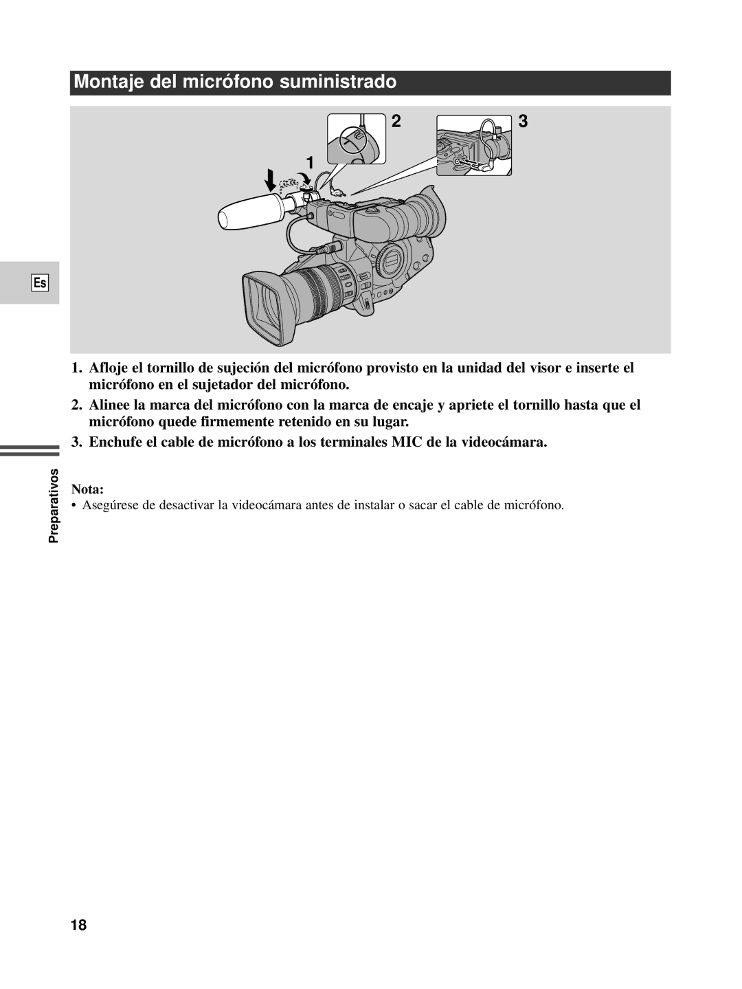 Canon XL1S instruction manual Montaje del micró fono suministrado, Nota 