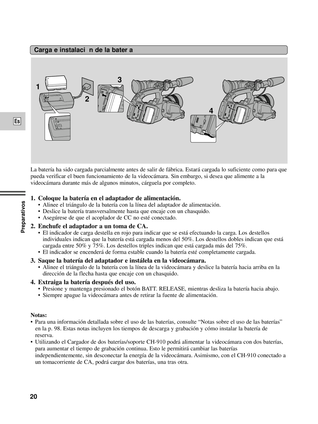 Canon XL1S instruction manual Carga e instalació n de la batería, Coloque la batería en el adaptador de alimentación 